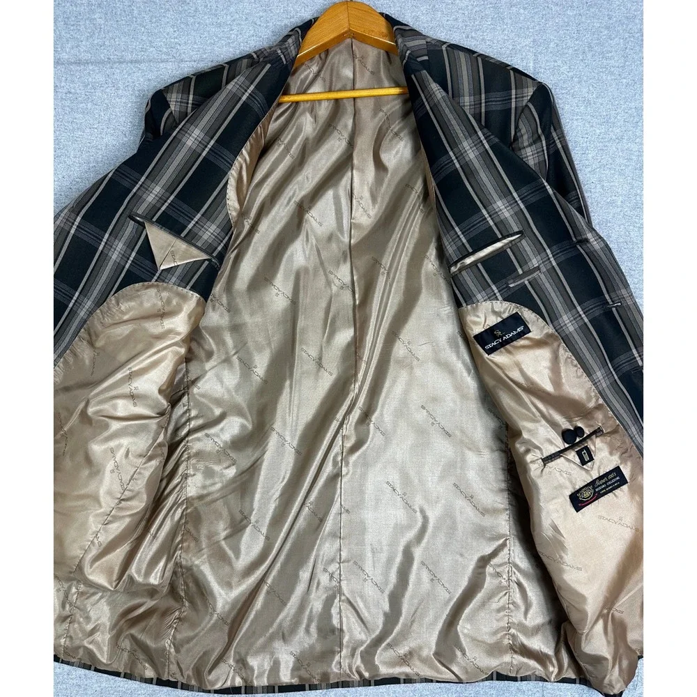 NEW Stacy Adams Blazer Mens 46L Black Tan Plaid Super 100s Long Jacket